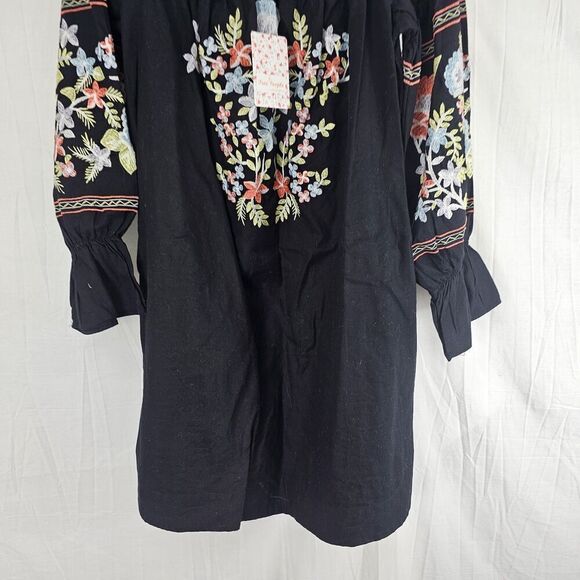 Free People Fleur Du Jour Black Embroidered Off The Shoulder Dress Size LARGE - Picture 4 of 10